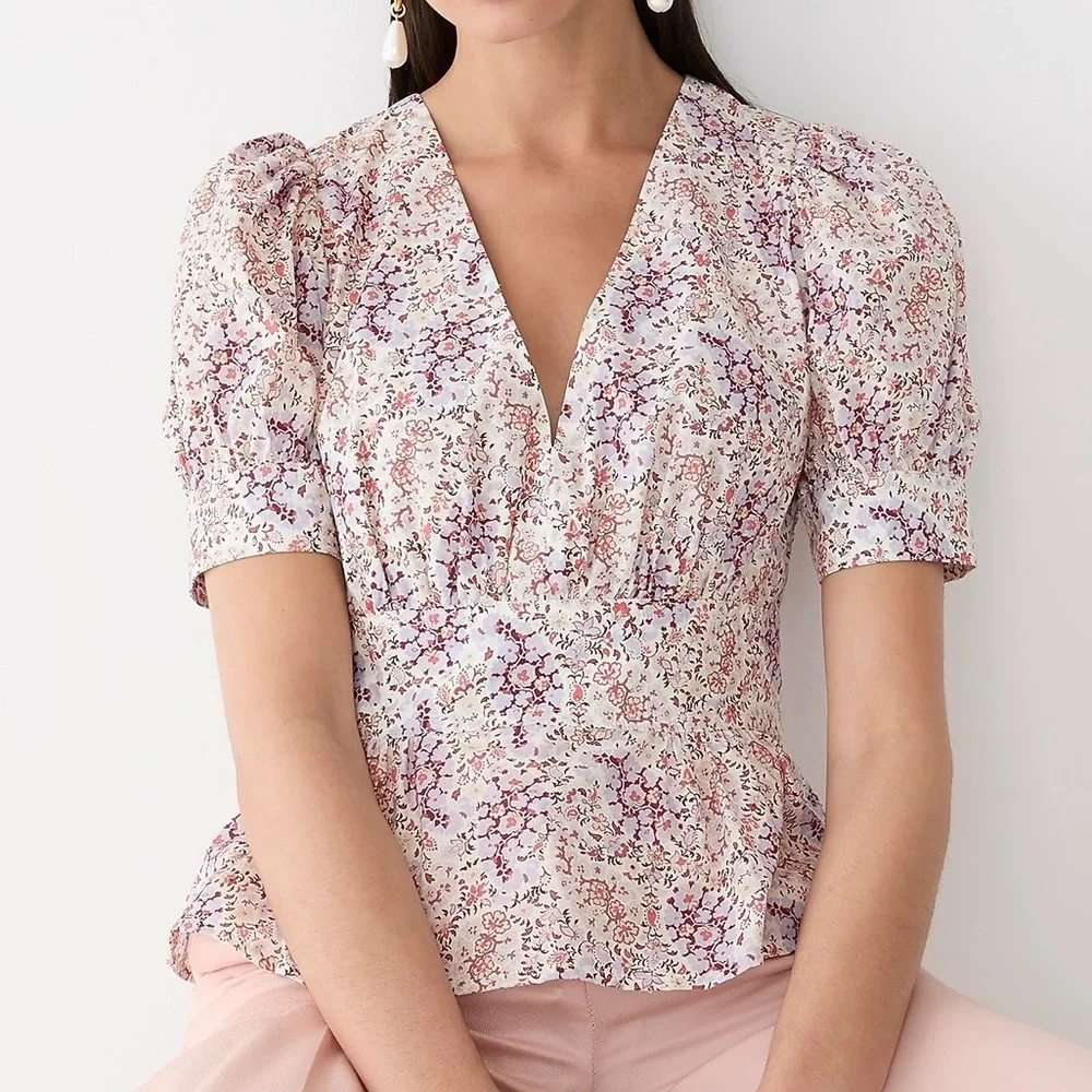 J.Crew Puff-sleeve V-neck Top in Ratti® Paisley Garden Short Sleeve Blouse Shirt